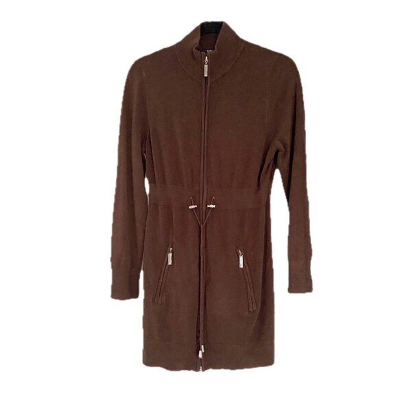 😊BCBG Maxazria Brown Sweater Coat Drawstring Gold Zipper Pockets Mid-thigh Sz L - Picture 1 of 14